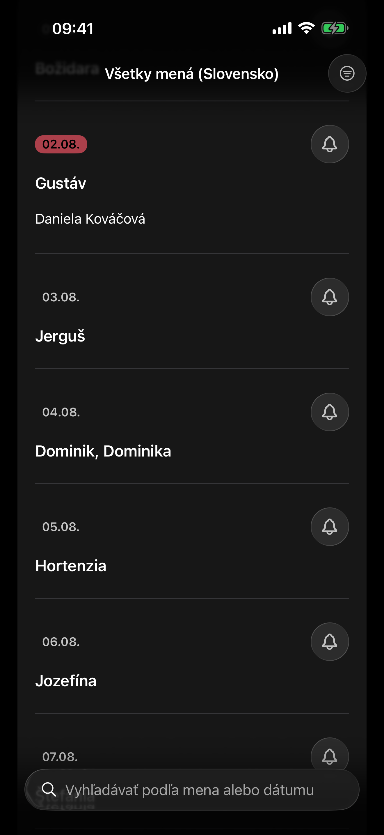 Kalendár všetkých mien s vyhľadávaním